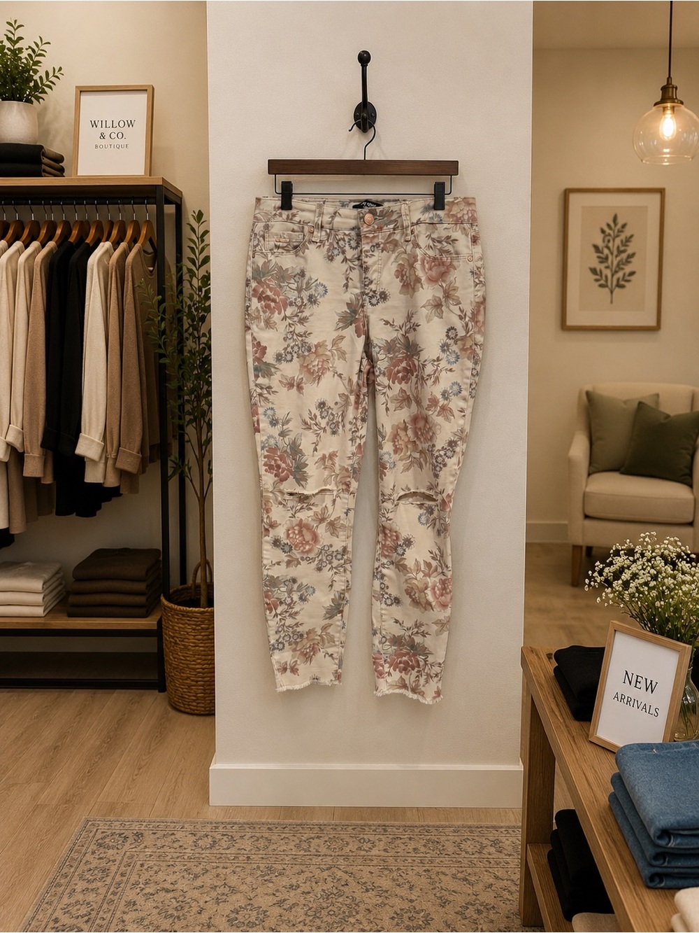 Nine West Floral Distressed Jeans Size 6 Raw Hem Split Knee